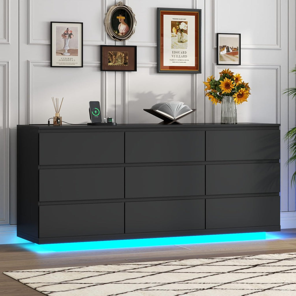 Floating Black 9-Drawer Dresser With LED Light And Power Outlet