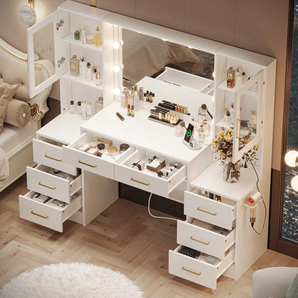 UGTOO LED Makeup Vanity Desk With Mirror, 58.27in, 10 Adjustable LED Bulbs, 8 Drawers, 2 Cabinets, White