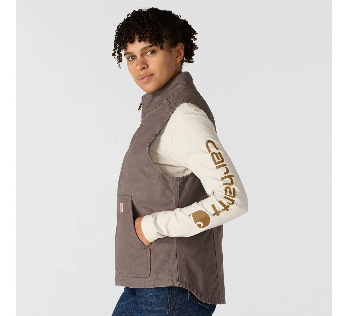 Women's Sherpa-Lined Mock Neck Vest - Taupe