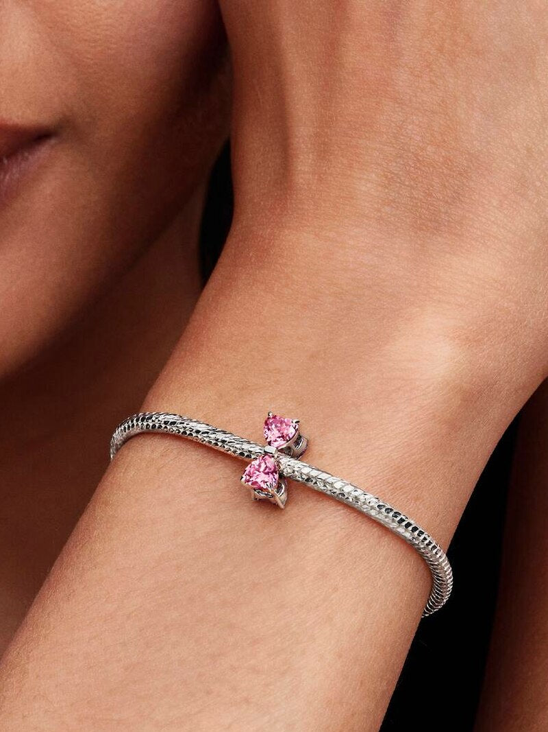 Pink Stone Bow Charm - Silver