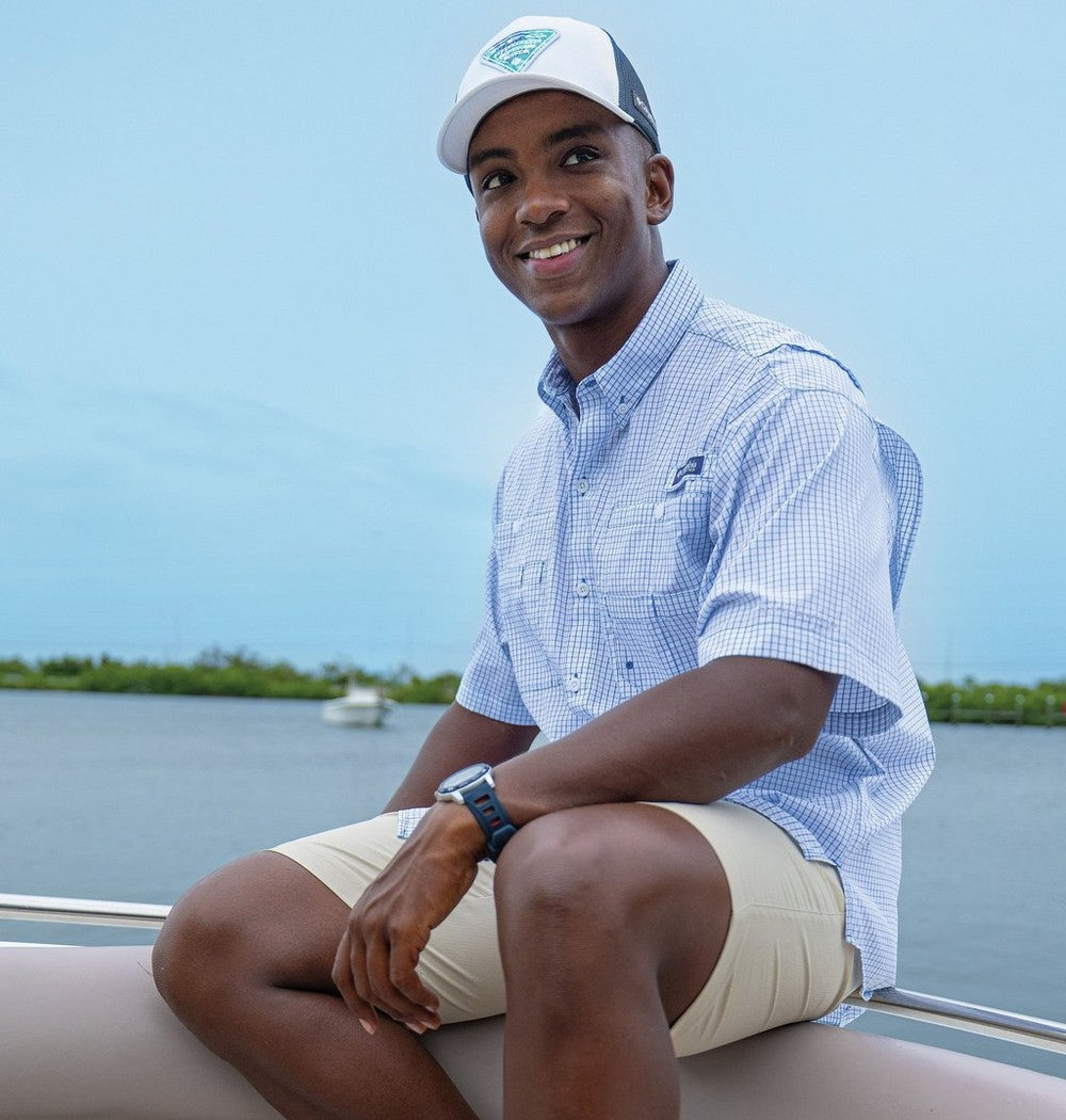 Men's Vented Short-Sleeve Fishing Shirt - Green Gingham