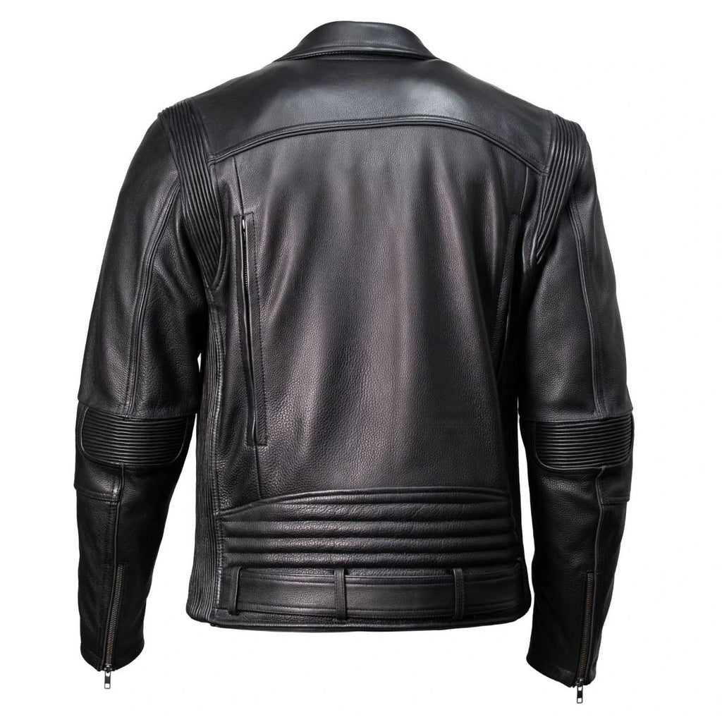 Men's Lapel Collar Leather Motorcycle Jacket - Black