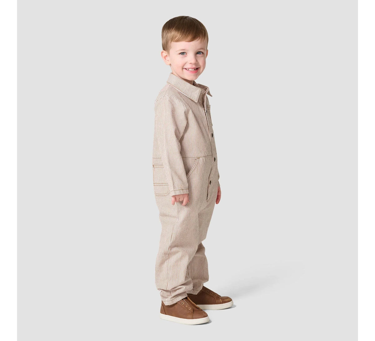Kids' Striped Twill Snap-Front Coverall - Brown