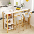 3-Piece White Faux Marble Bar Table And Chairs Set With 2 PU Cushion Bar Stools And 3-Tier Storage Shelves - Gold Frame