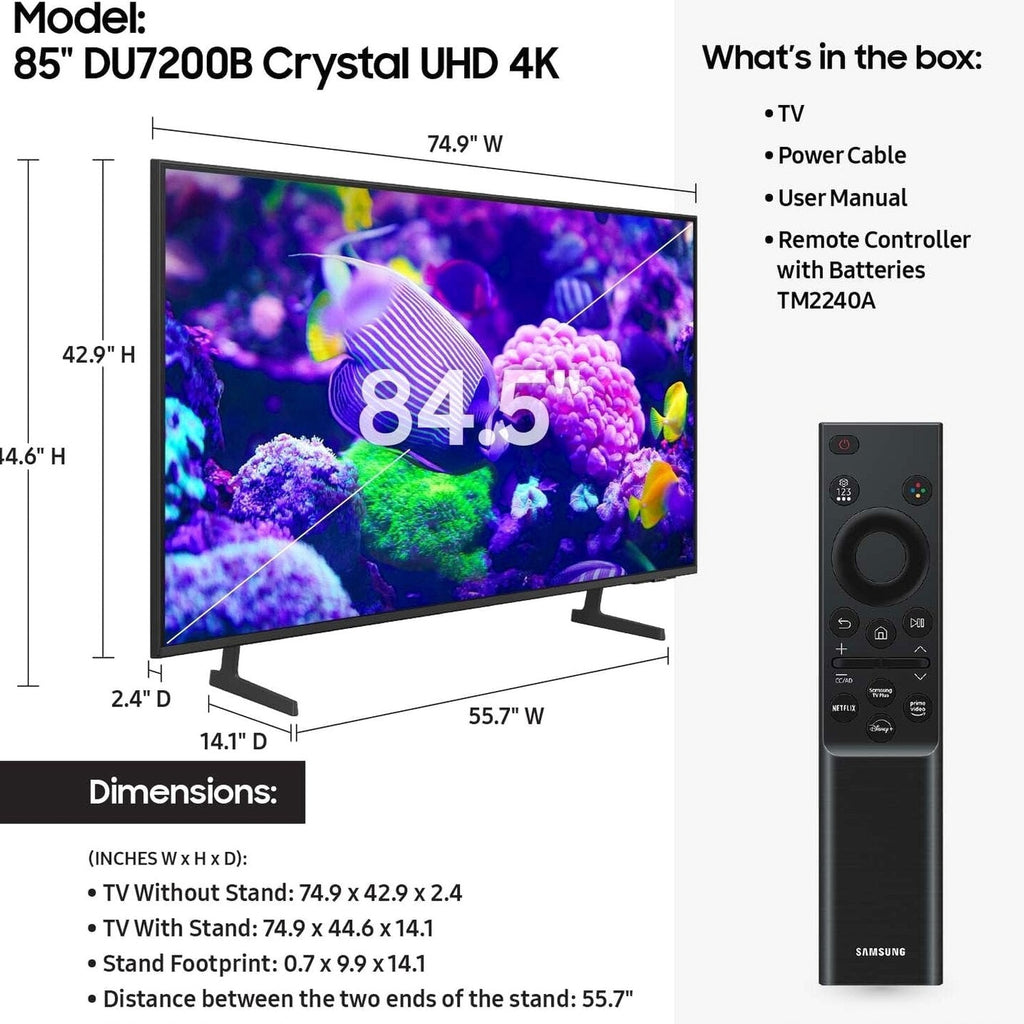 Samsung 85 inch Crystal UHD 4K Smart TV With PurColor And HDR - DU7200B 2024 Model