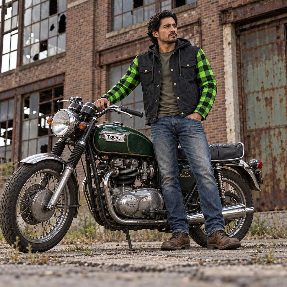 Men's Armored Denim Hooded Jacket - Black/Green
