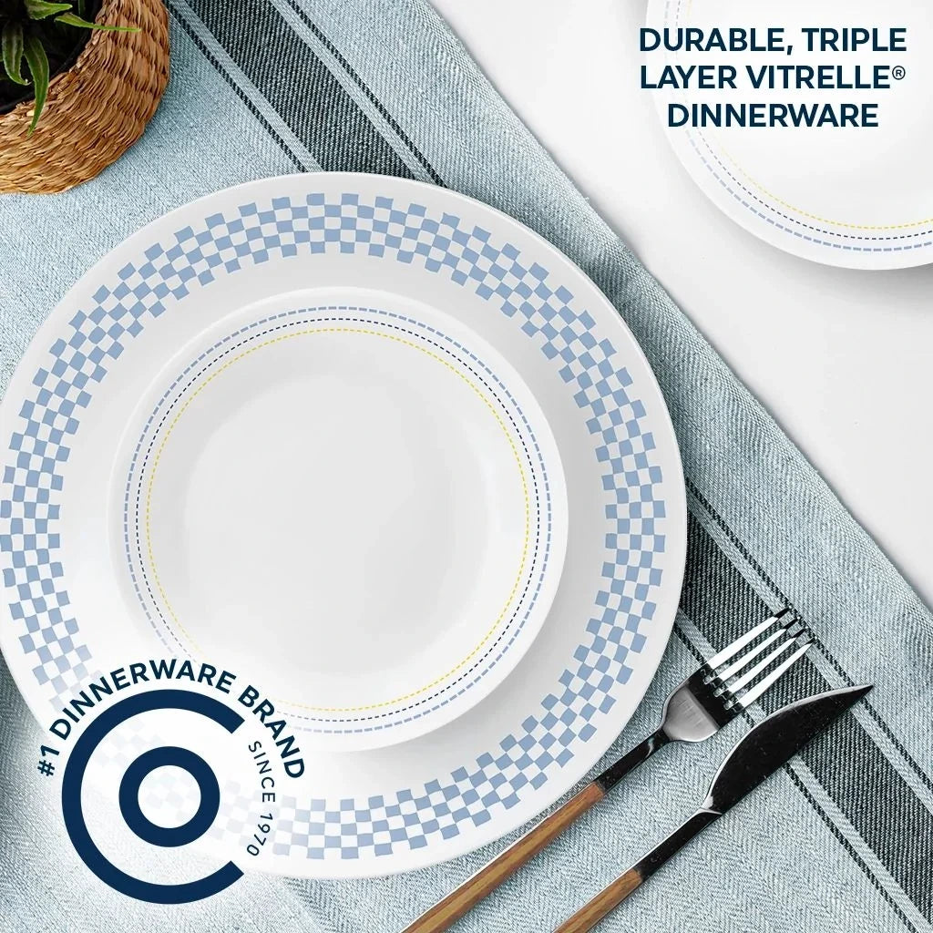 12-Piece Blue Checkered Dinnerware Set