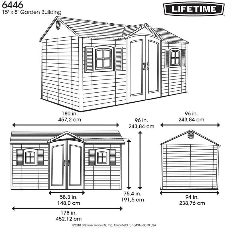 Lifetime Plastic Storage Shed, Side Entry, 15 ft. W x 8 ft. D, Gray/Beige - 6446
