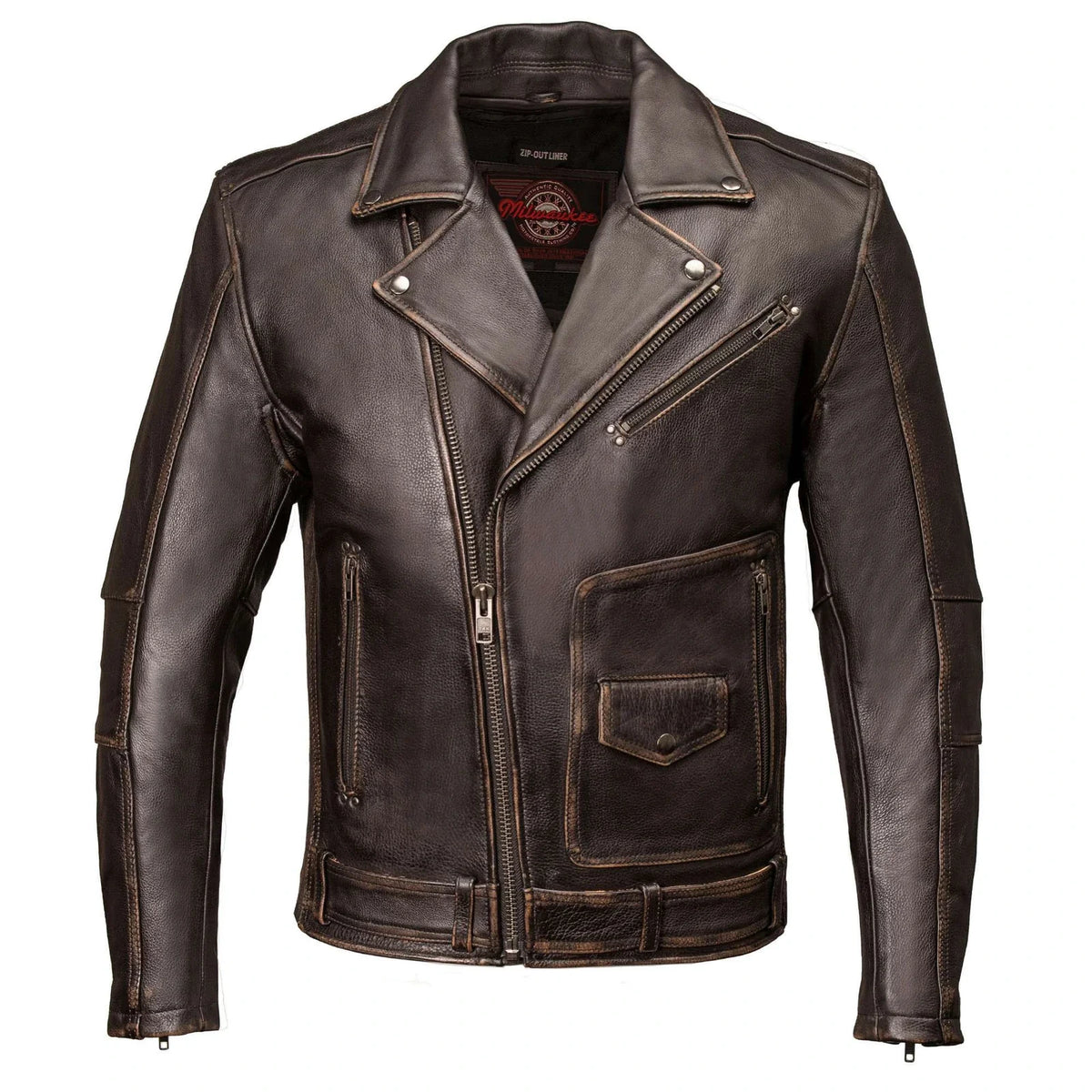 Men's Lapel Collar Leather Motorcycle Jacket - Brown