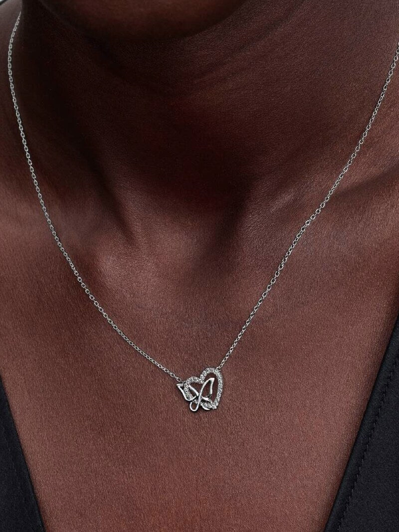 Sterling Silver Heart Butterfly Pendant Necklace
