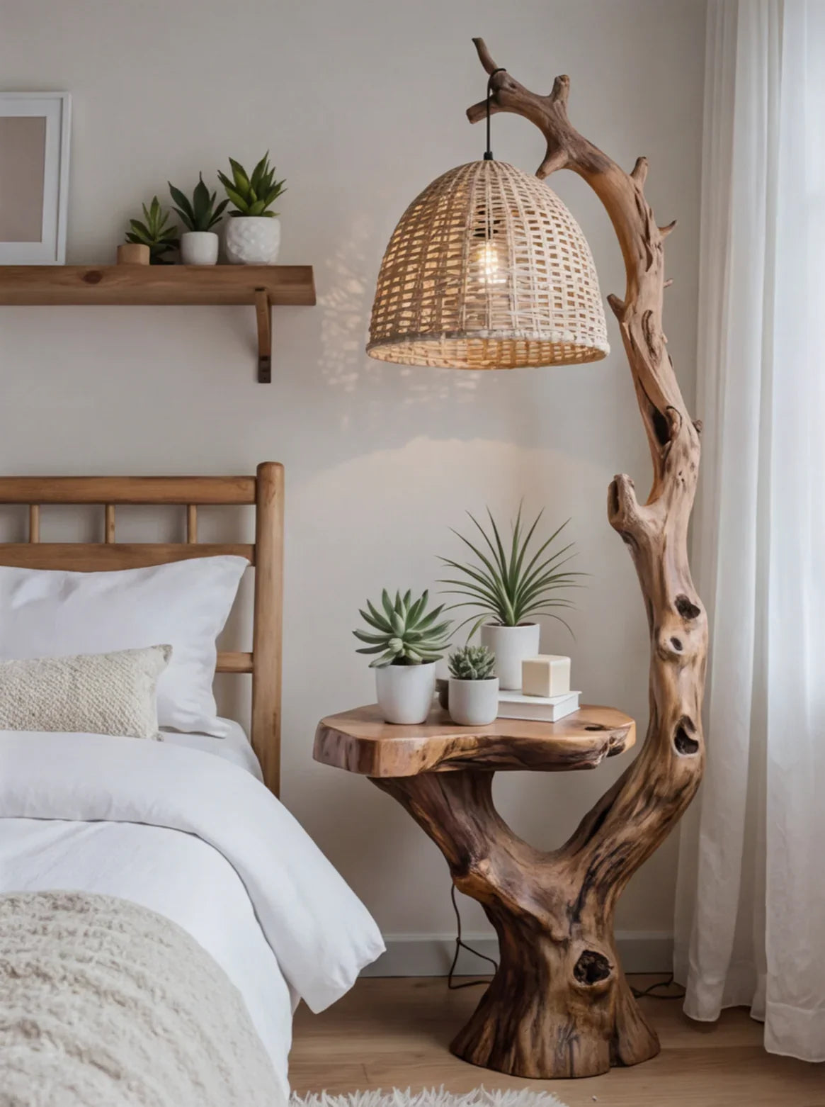 Rustic Driftwood Floor Lamp With Side Table