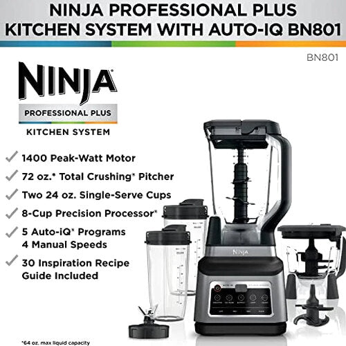 Ninja Professional Plus Kitchen System 1400 WP, 72-oz Blender Pitcher, 64-oz Processor Bowl, 2 24-oz To-Go Cups - BN801