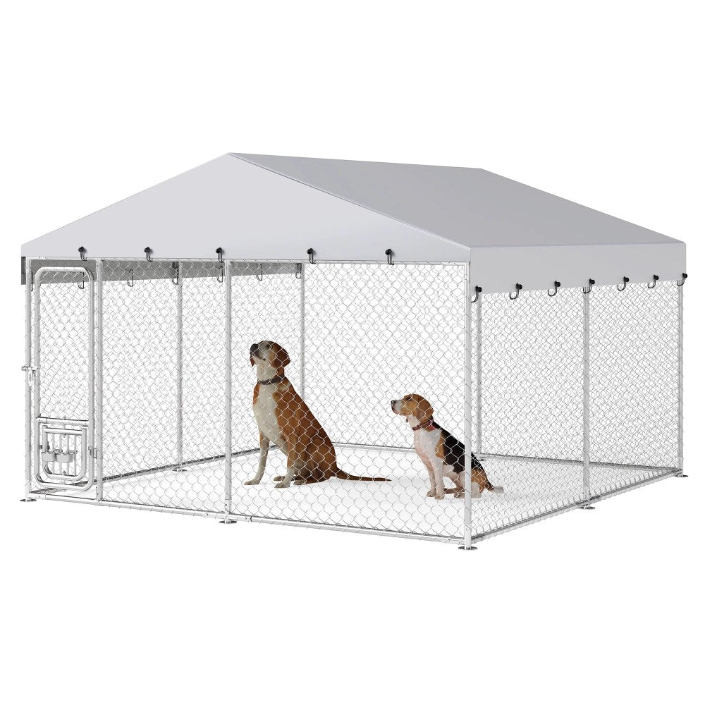 Dextrus Outdoor Dog Kennel Enclosure With Roof And Rotating Feeder Bowls, 10'x10', Silver