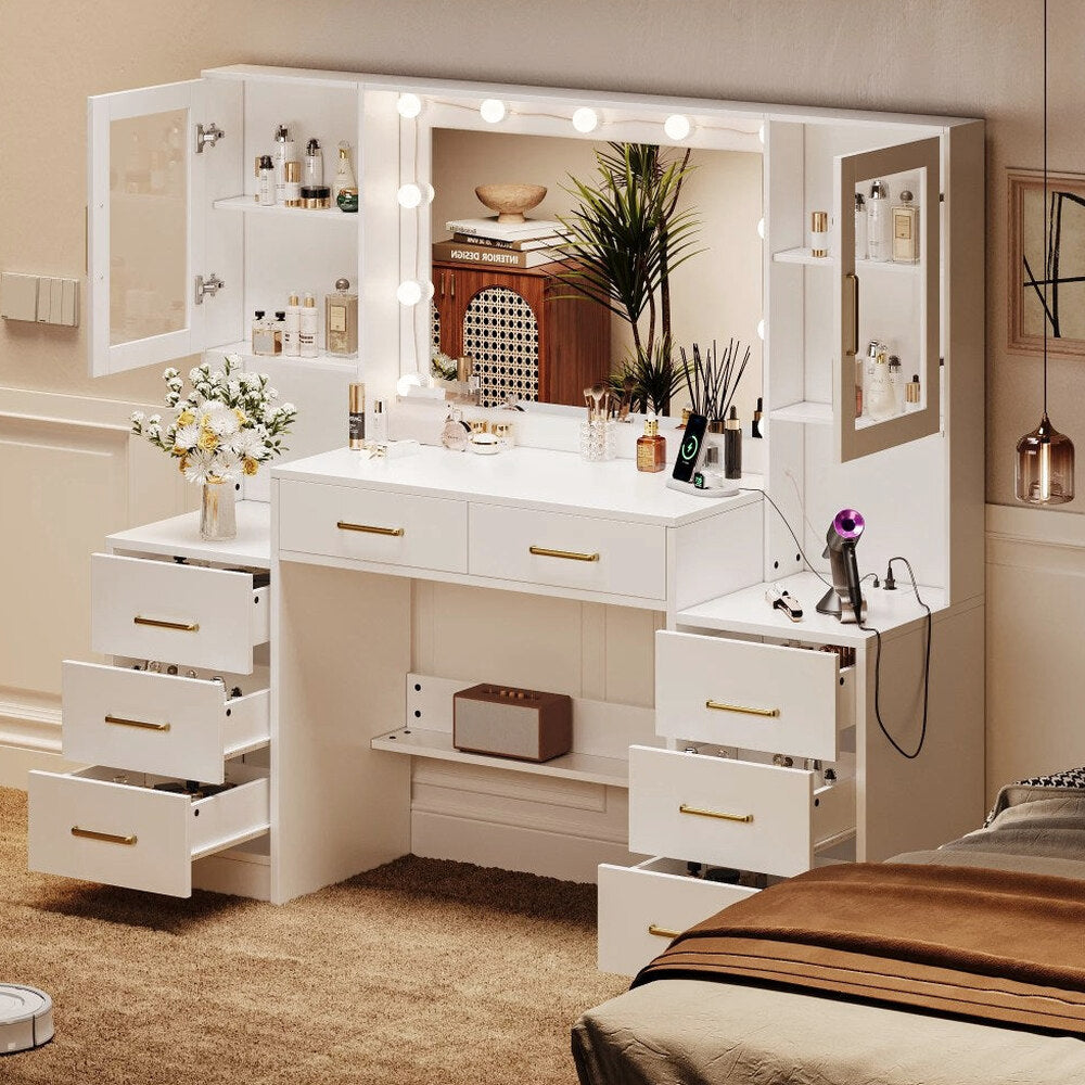UGTOO LED Makeup Vanity Desk With Mirror, 58.27in, 10 Adjustable LED Bulbs, 8 Drawers, 2 Cabinets, White