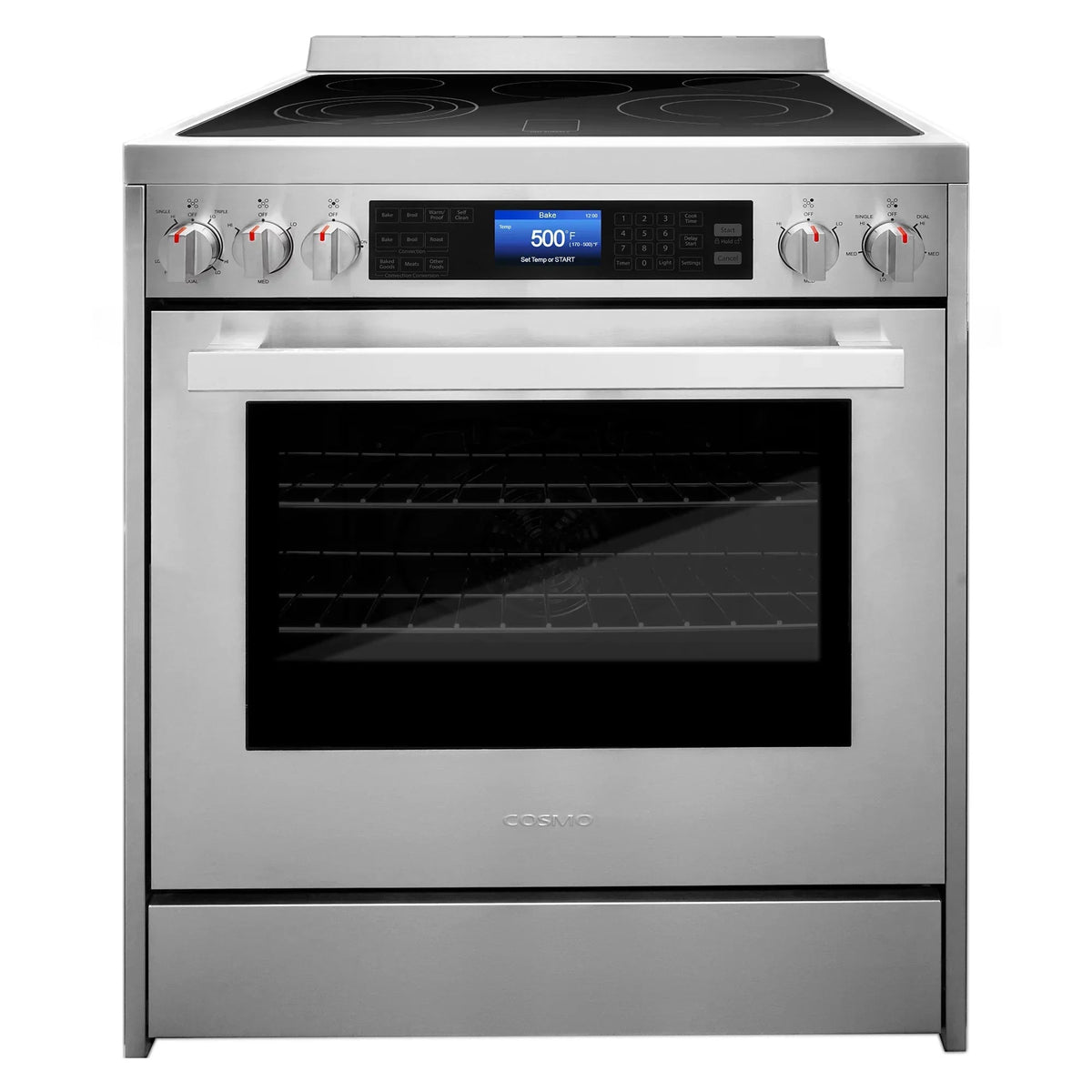 Cosmo 4-Piece Kitchen Appliance Package With 30 in Electric Range, 30 in Wall Mount Hood, 24 in Dishwasher And French Door Refrigerator