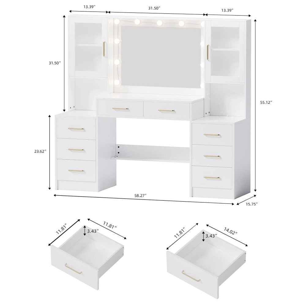 UGTOO LED Makeup Vanity Desk With Mirror, 58.27in, 10 Adjustable LED Bulbs, 8 Drawers, 2 Cabinets, White
