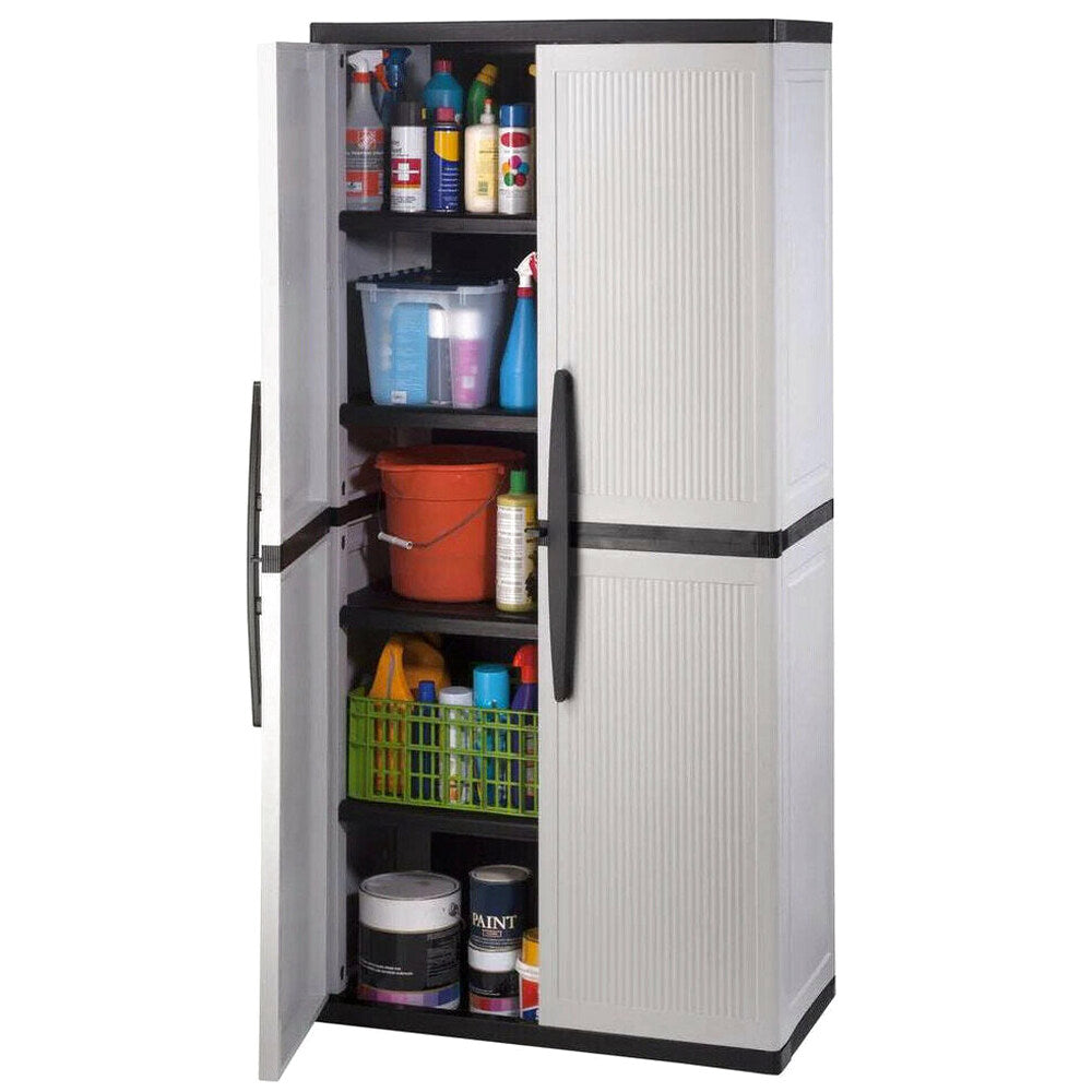 HDX Gray Plastic Freestanding Garage Cabinet With Adjustable Shelves And Lockable Doors, 35in W X 71in H X 18in D