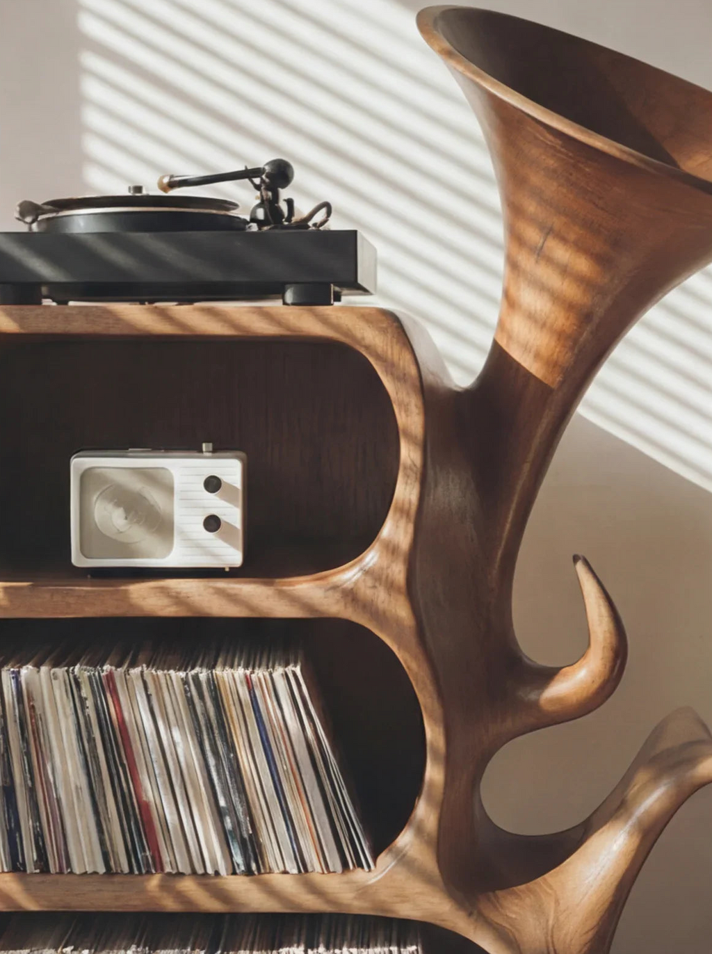 Organic Sculptural Solid Wood Vinyl Record Storage Cabinet With Integrated Turntable Stand