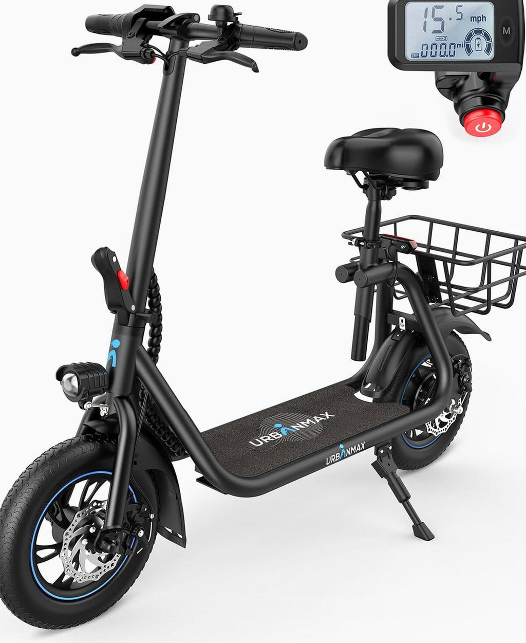 URBANMAX C1 Electric Scooter With Seat, 450W Motor, 22 Mile Range, 12 Inch Tires, Black