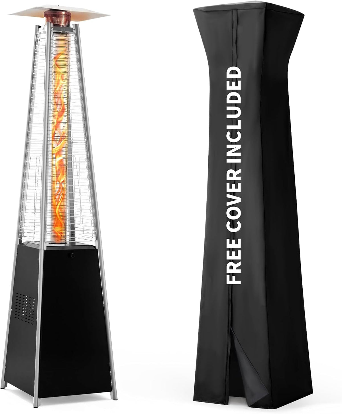 Pamapic Pyramid Flame Outdoor Patio Heater With Cover, 48 000 BTU, Quartz Glass Tube, 87 inch Propane Heater