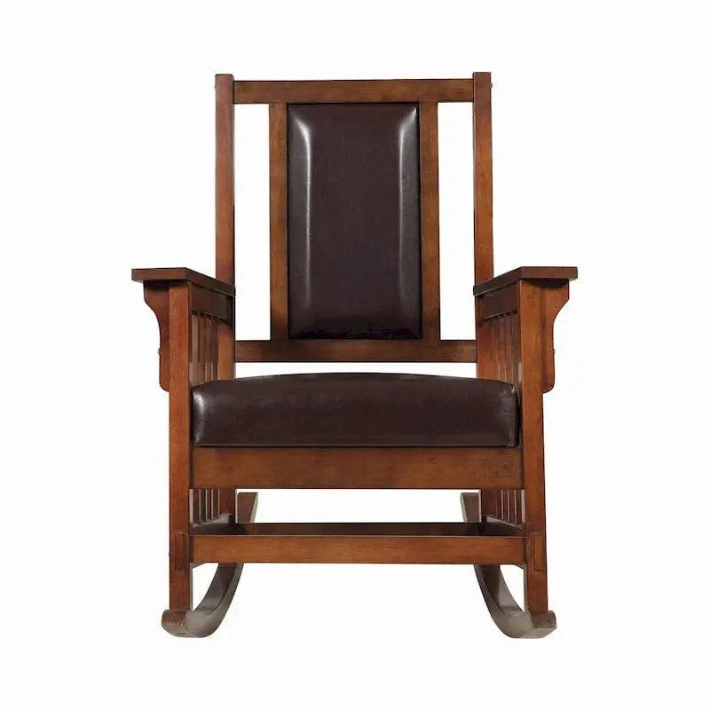 Mission-Style Leather Rocking Chair - Tobacco And Dark Brown Upholstered Seat And Backrest