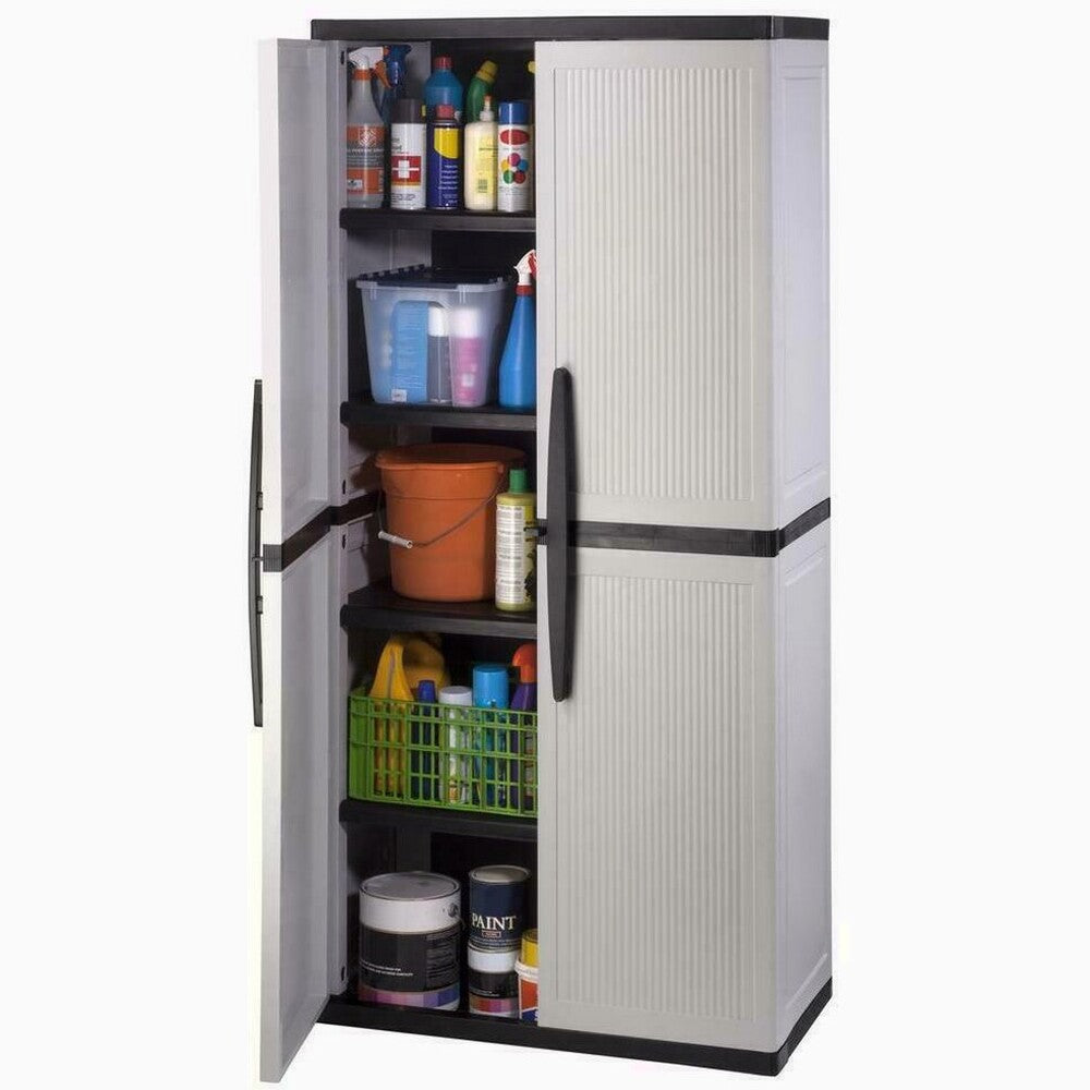 HDX Gray Plastic Freestanding Garage Cabinet With Adjustable Shelves And Lockable Doors, 35in W X 71in H X 18in D