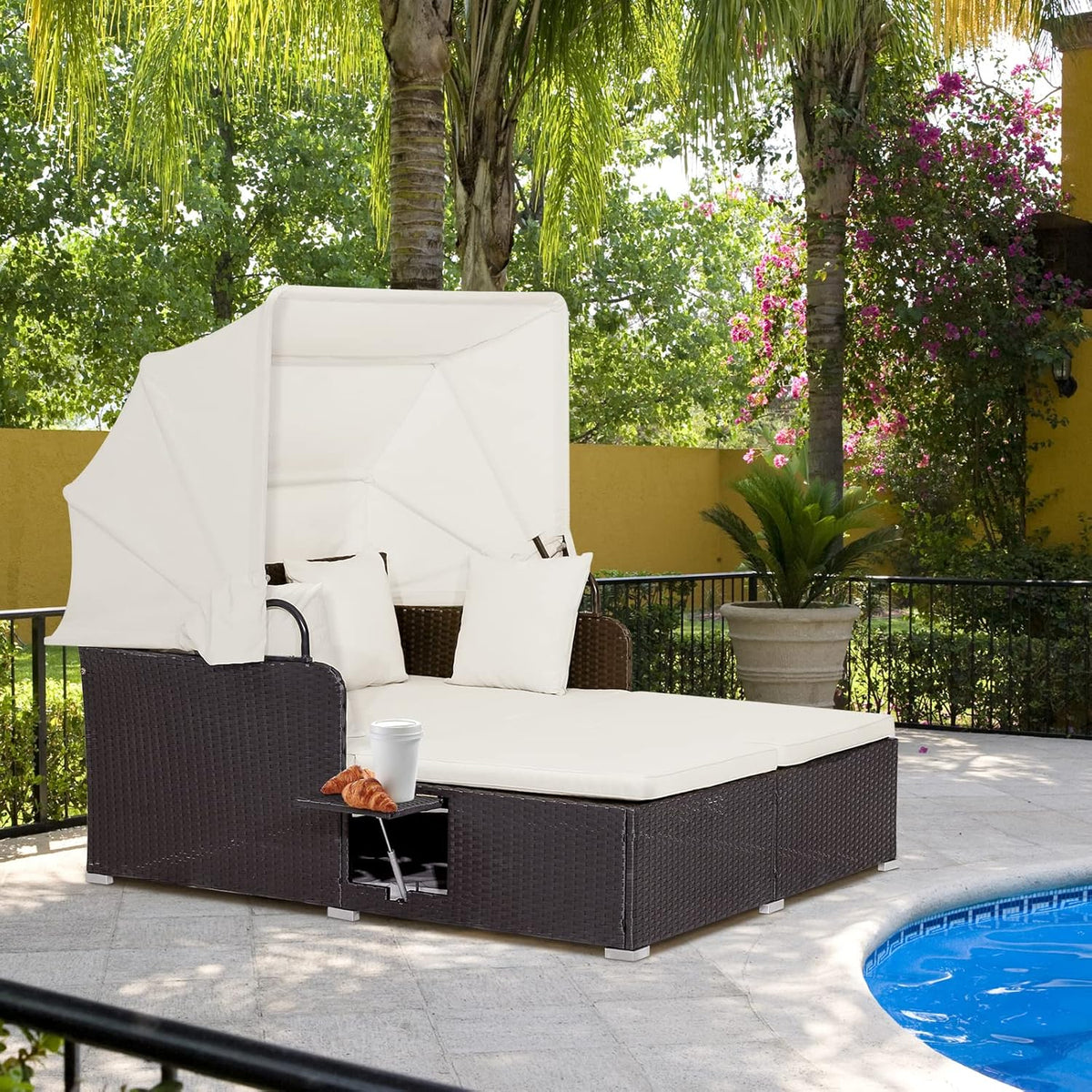 RELAX4LIFE Patio Daybed With Canopy, Cushions, 4 Pillows And 2 Side Trays, Turquoise - B0BYSN7GC7