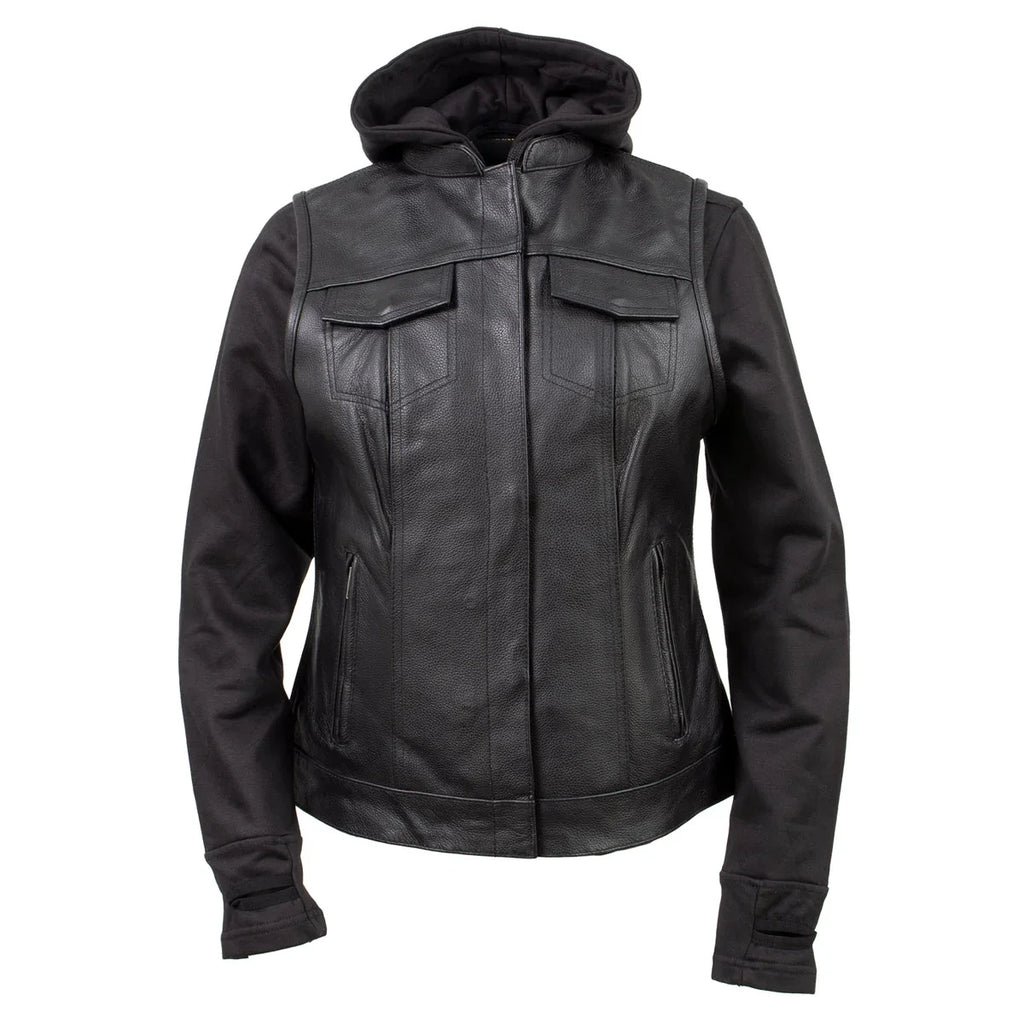 Women's Leather Convertible Hoodie Vest - Black