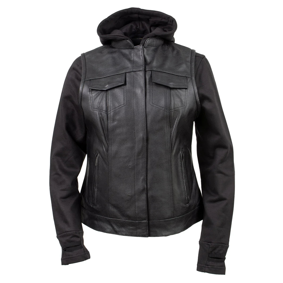 Women's Leather Convertible Hoodie Vest - Black
