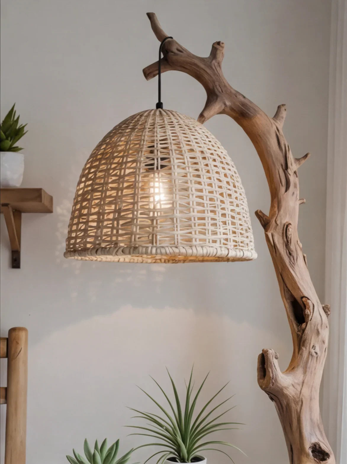Rustic Driftwood Floor Lamp With Side Table