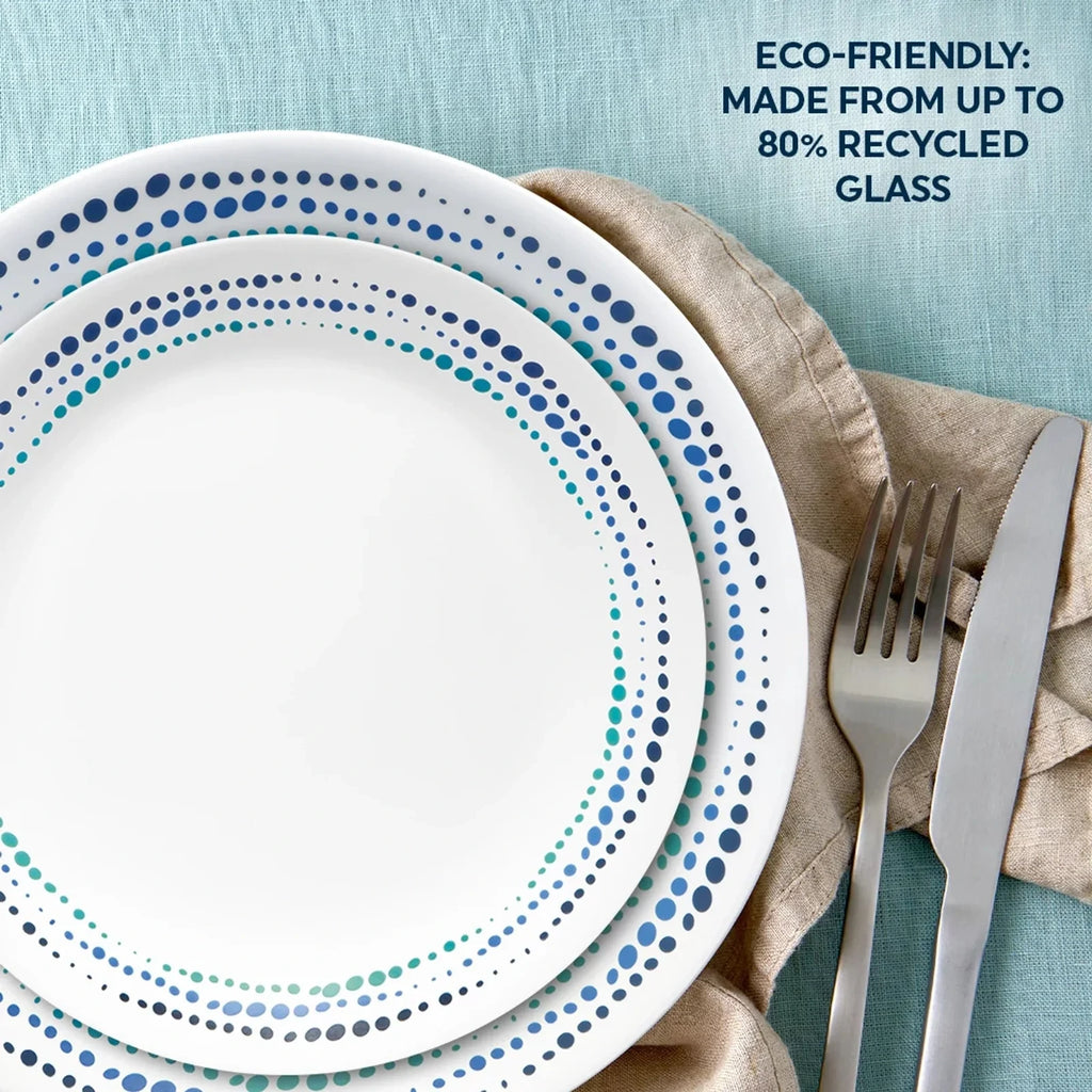 16-Piece Mugless Glass Dinnerware Set - Blue Dots