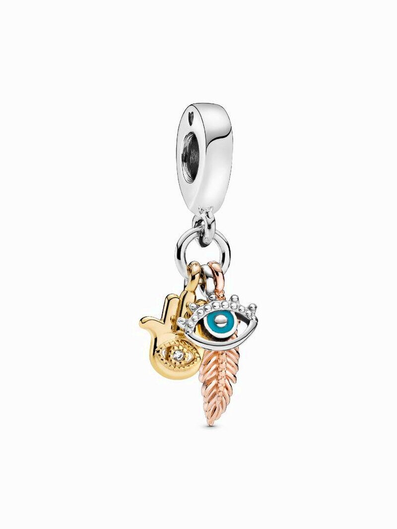 Multitone Hamsa Eye Feather Dangle Charm