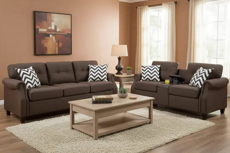 2-Piece Sofa Loveseat Set, Dark Brown Fabric, USB Charging Ports, 4 Decorative Pillows