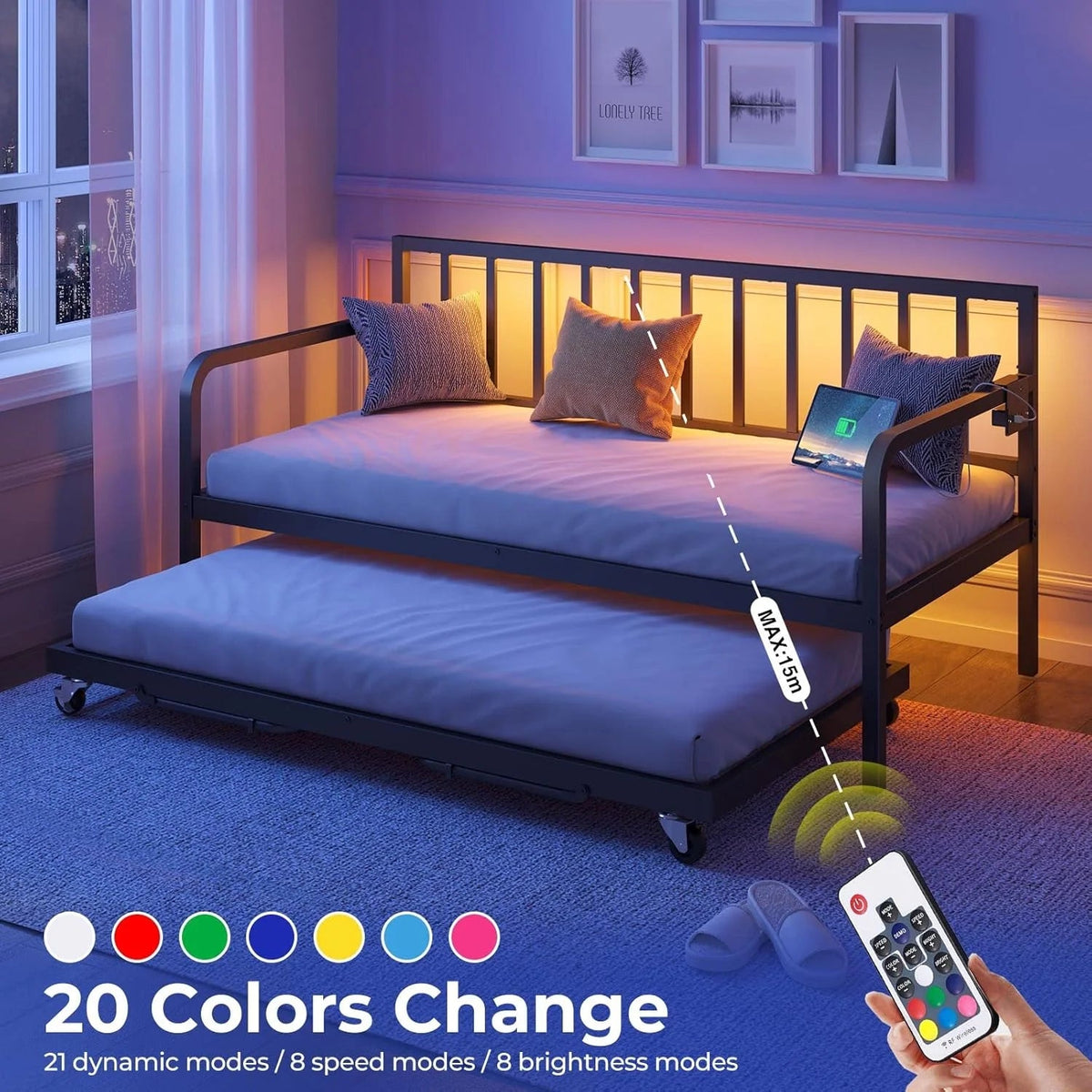 Metal Height-Adjustable Daybed With Pop-Up Trundle, LED Light And Charging Station - Black