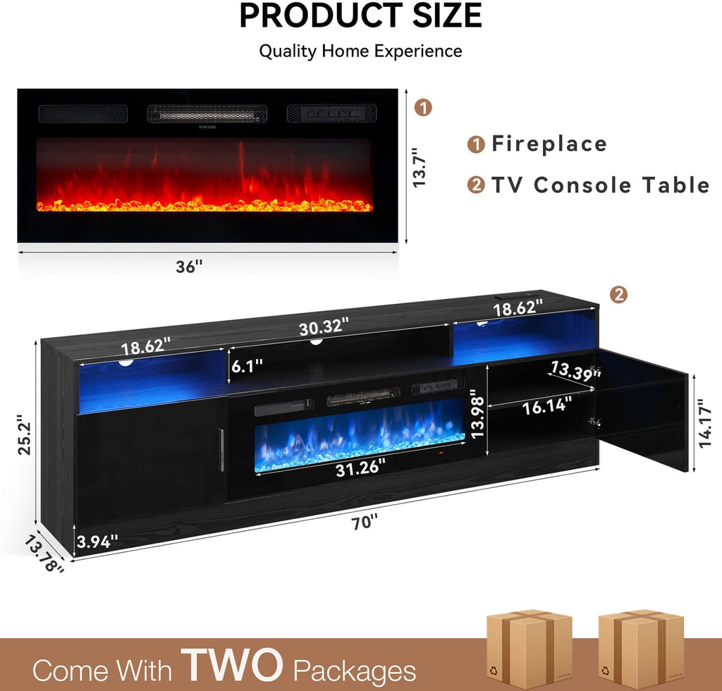 MXV 70-inch Electric Fireplace TV Stand With Power Outlet, LED Lights And Storage Cabinets - Black-Black