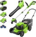 Greenworks 40V 20in Cordless Push Lawn Mower Bundle With 500 CFM Blower, 12in String Trimmer, 5Ah And 2Ah Batteries