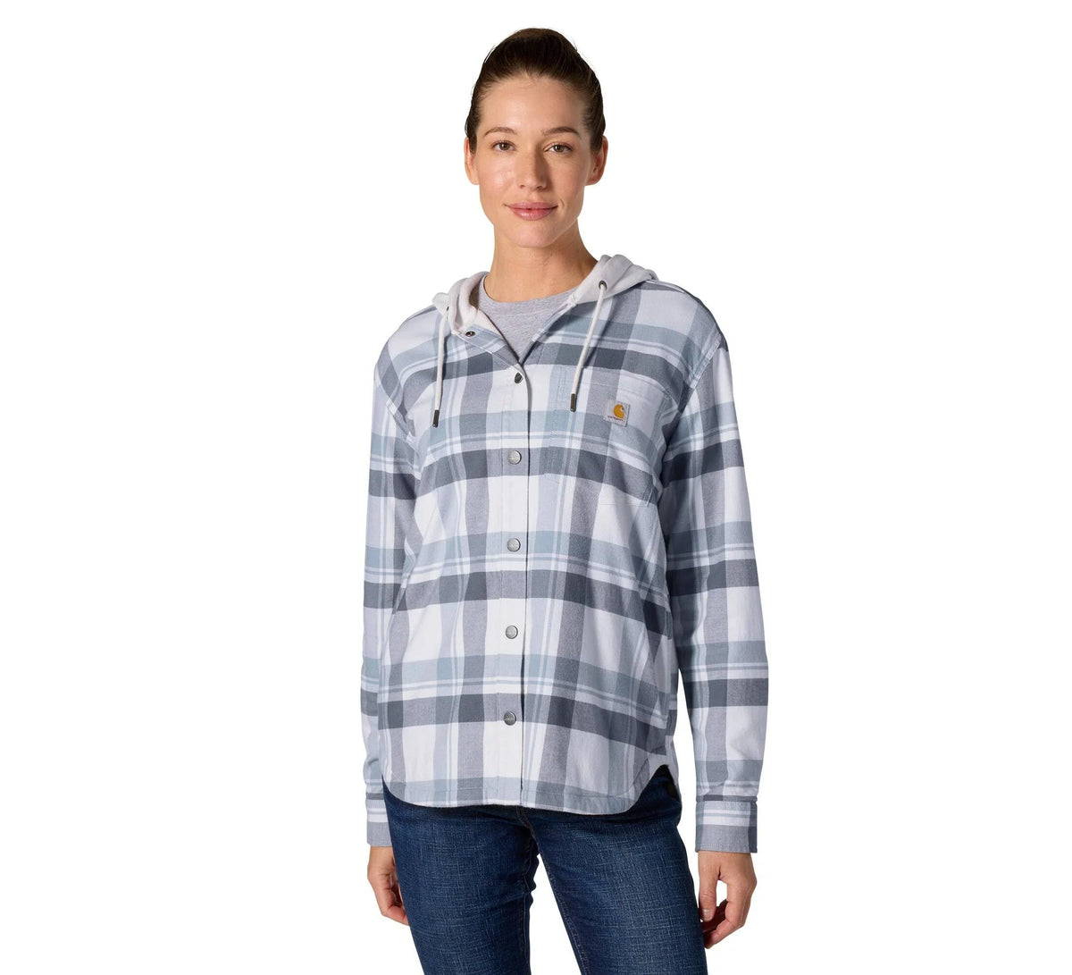 Women's Hooded Plaid Shirt Jacket - Blue