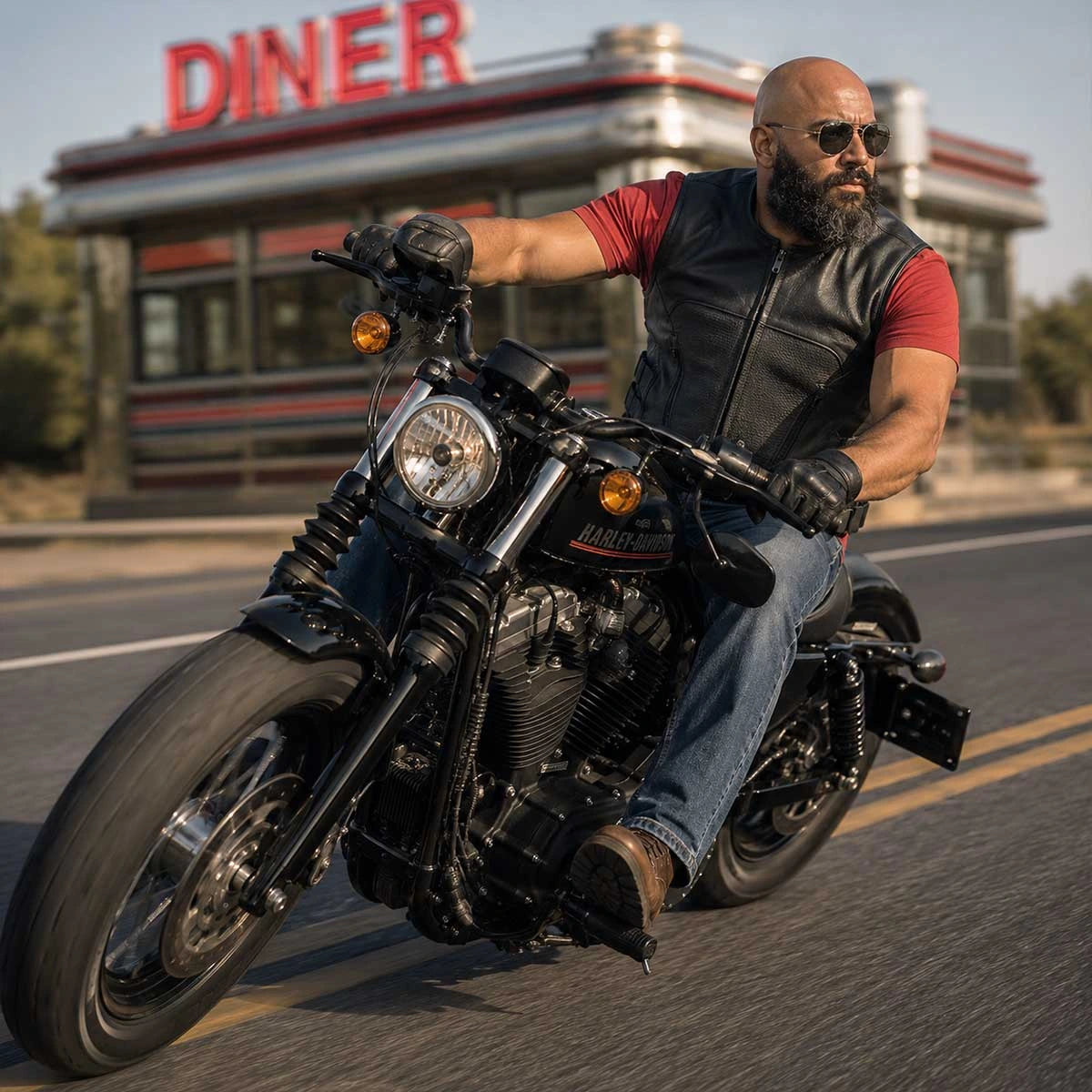 Men's Leather Motorcycle Vest - Black