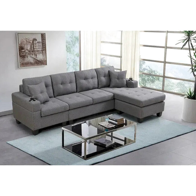 Contemporary L-Shaped Sectional Sofa With Cup Holders, Storage Chaise, Grey Or Black