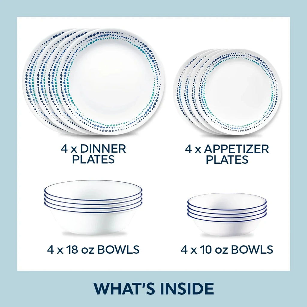 16-Piece Mugless Glass Dinnerware Set - Blue Dots