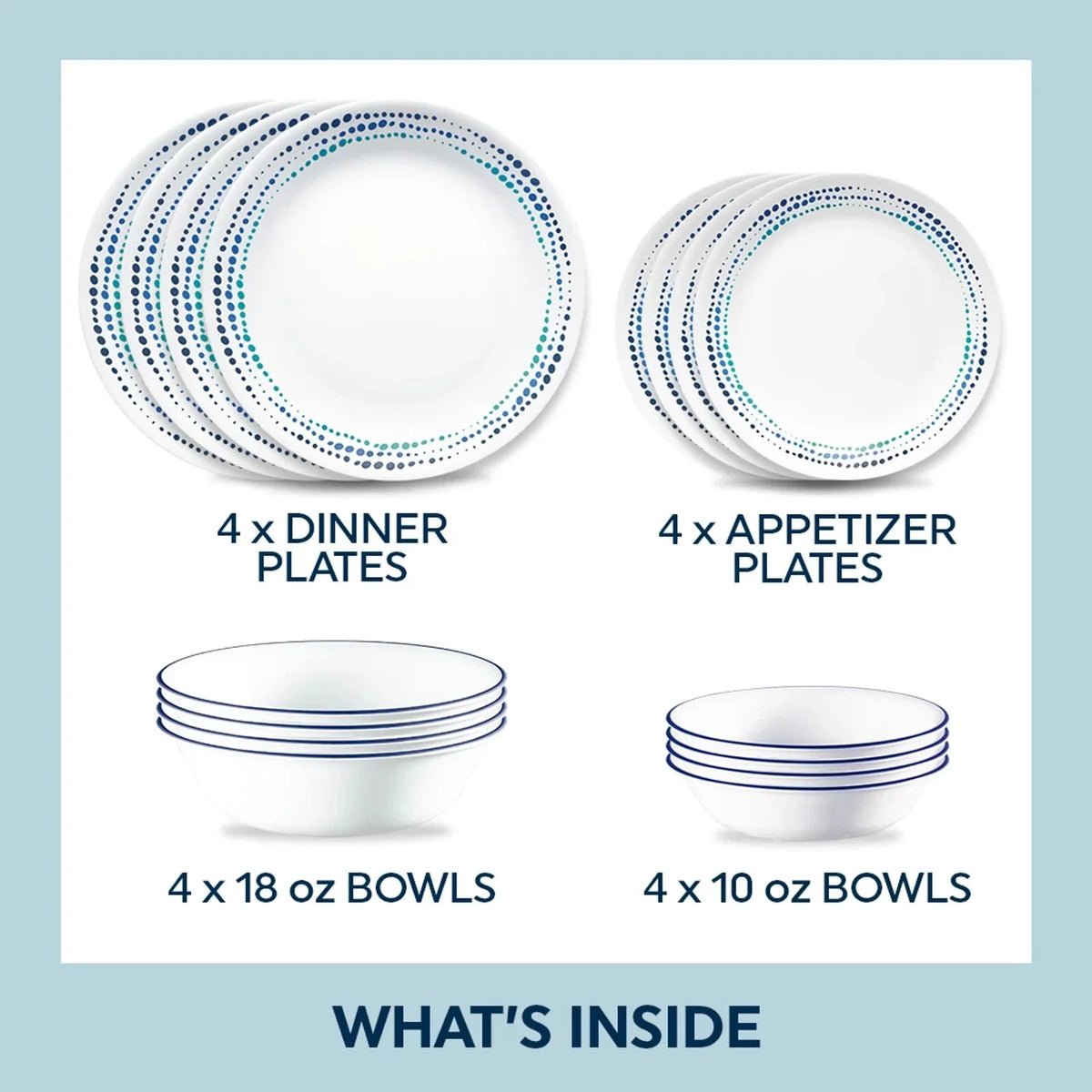 16-Piece Mugless Glass Dinnerware Set - Blue Dots