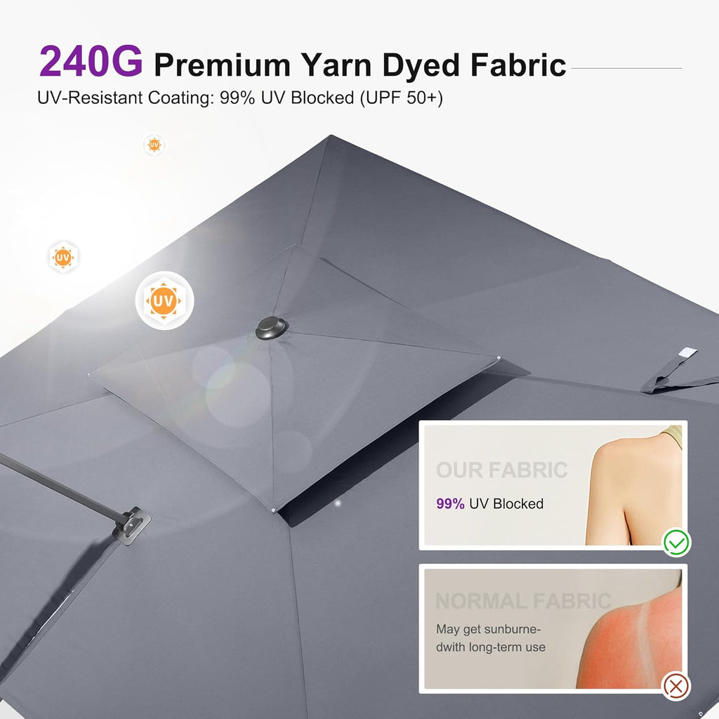 PURPLE LEAF Cantilever Patio Umbrella, 10FT Square, Grey - 360 Degree Rotation
