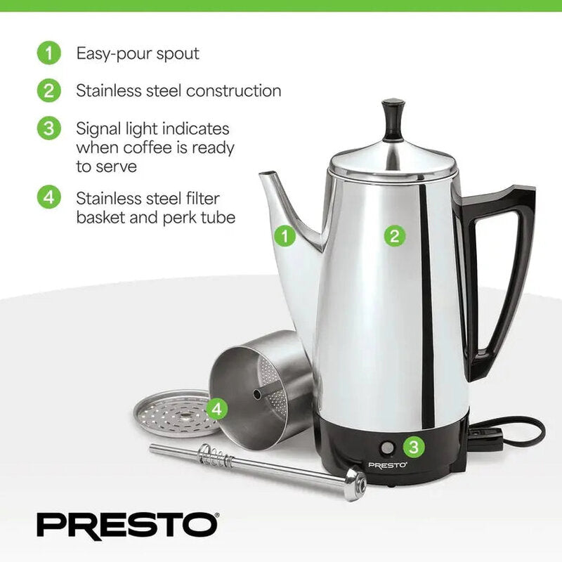 Presto Stainless Steel Percolator Coffee Maker, 2 To 12 Cups, Silver