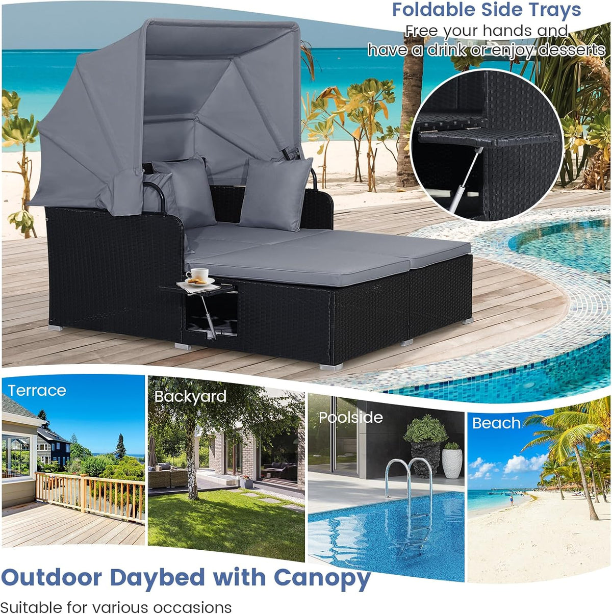 RELAX4LIFE Patio Daybed With Canopy, Cushions, 4 Pillows And 2 Side Trays, Turquoise - B0BYSN7GC7