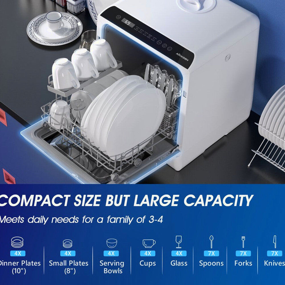 AIRMSEN Portable Countertop Dishwasher, 5-Liter Built-In Water Tank, 5 Washing Programs - AE-TDQR03