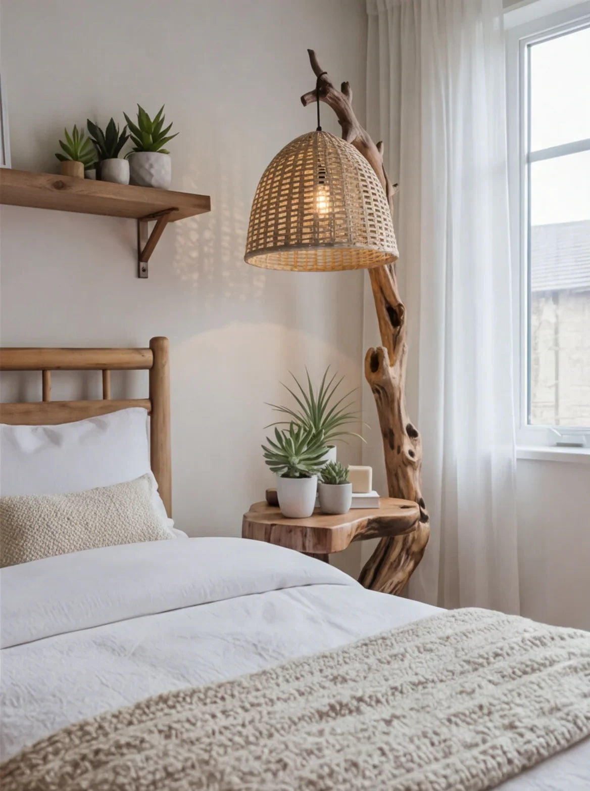 Rustic Driftwood Floor Lamp With Side Table