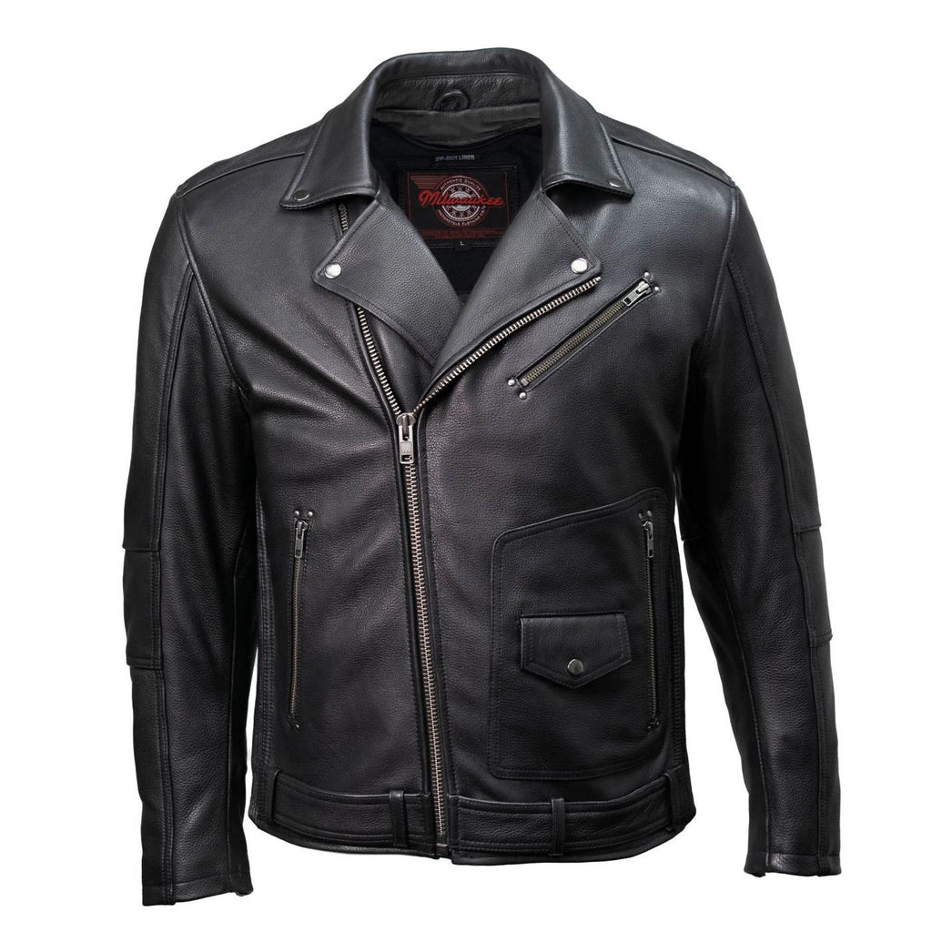 Men's Lapel Collar Leather Motorcycle Jacket - Black