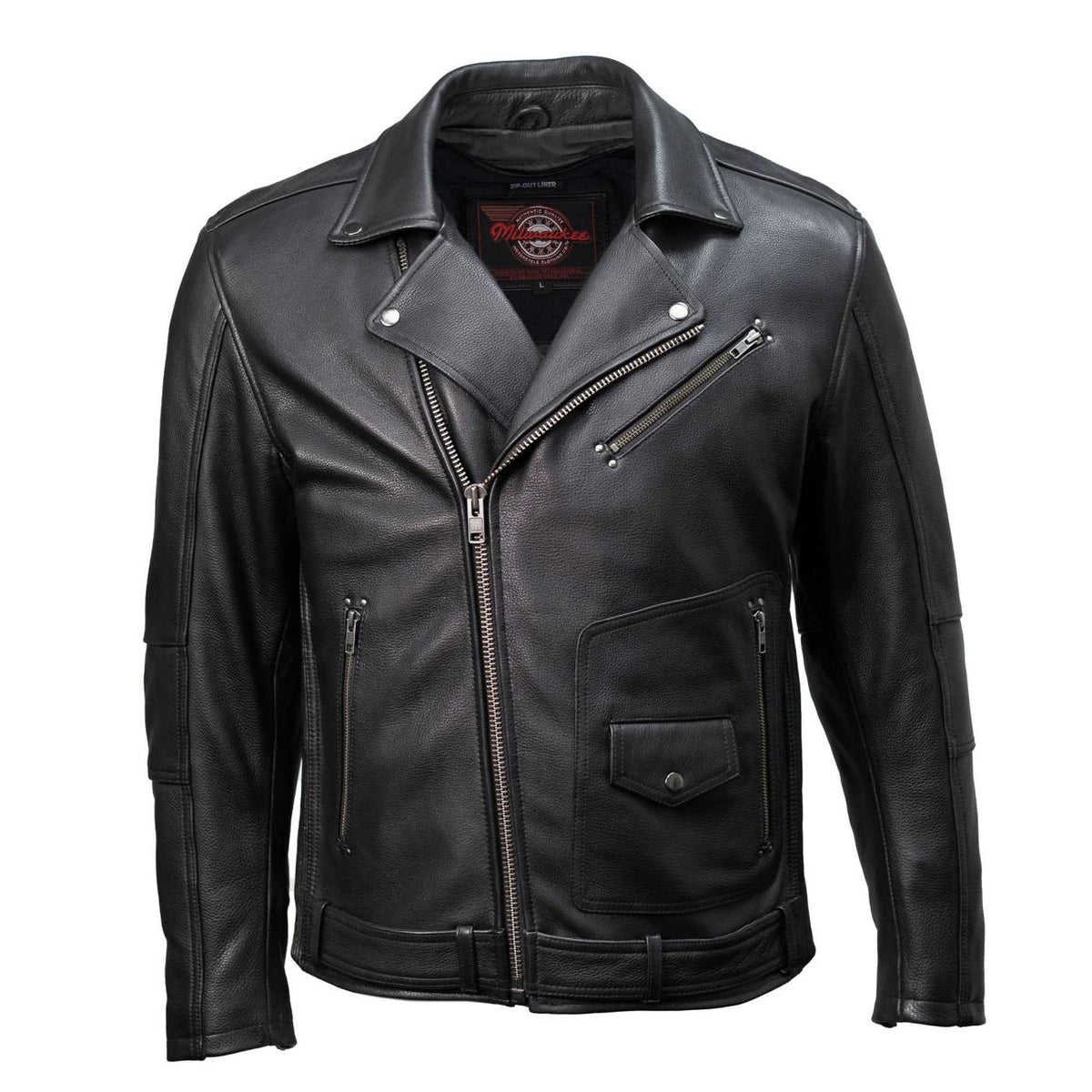 Men's Lapel Collar Leather Motorcycle Jacket - Black