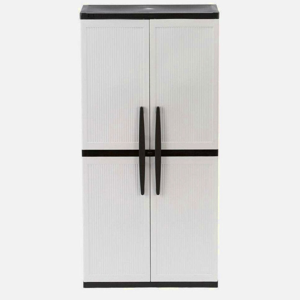 HDX Gray Plastic Freestanding Garage Cabinet With Adjustable Shelves And Lockable Doors, 35in W X 71in H X 18in D