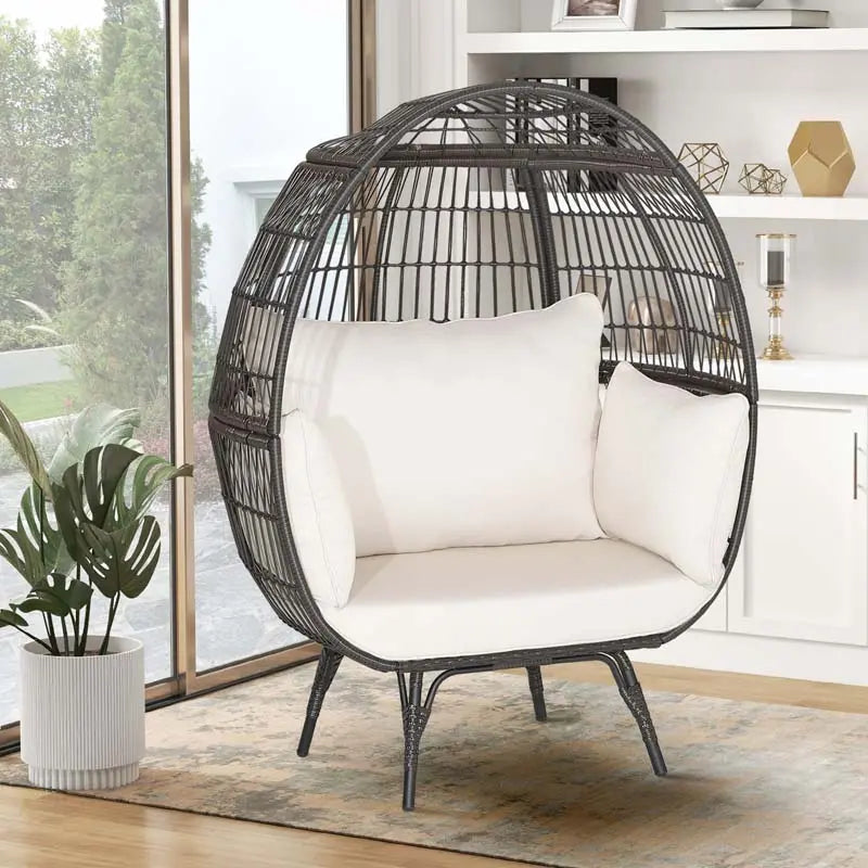 Oversized Wicker Egg Lounge Chair With Four Cushions - Steel-Framed Indoor/Outdoor Basket Seating